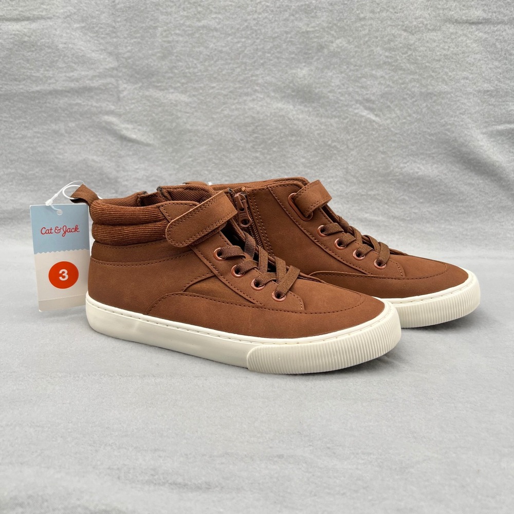 Cat & Jack Kids Cognac Brown High Top Sneakers Side Zip Size 3 NWT